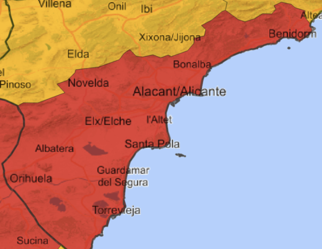 Alerta roja en España Costa Blanca como pronóstico de máximos récords para hoy
