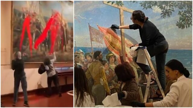 MIRAR: Ecoactivistas rocían pintura roja en una galería de arte de Madrid, dejando una obra de arte de 133 años con un 'daño irreparable' 
